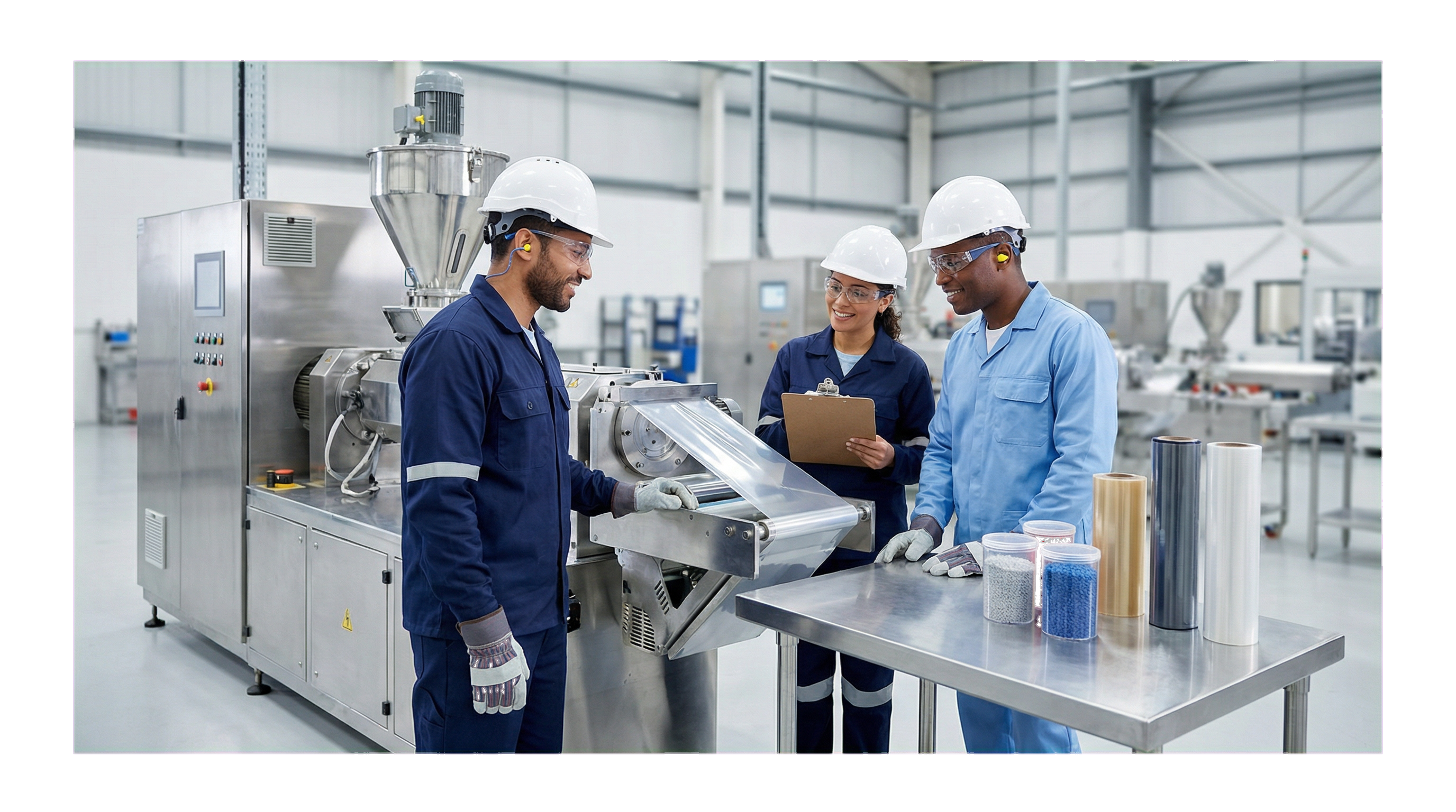 Ilustração da instalação industrial POLYMAX Brasil em Manaus — galpão, edifício administrativo e tanques