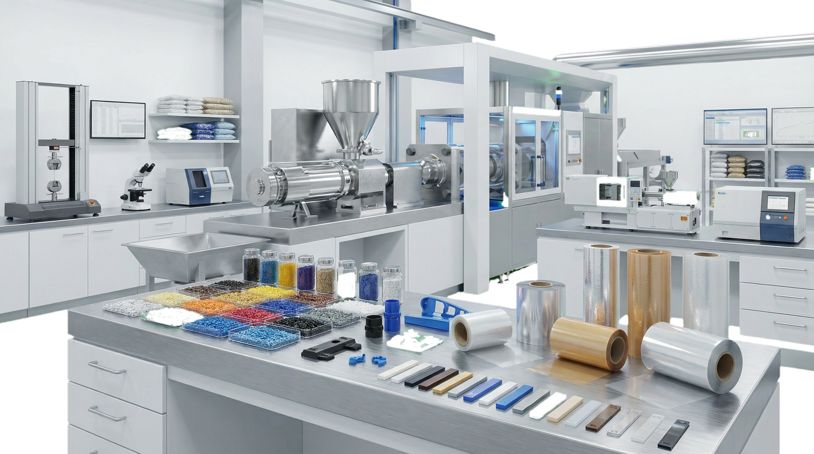 Ilustração: grânulos de polímero PEAD, PEBD e PP com cadeias moleculares — POLYMAX Brasil